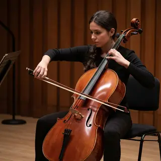 A cellist seated with correct posture, legs around the instr