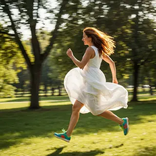 A woman mid-stride running through a park, hair and clothes 