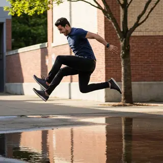 A man captured mid-jump over a puddle, body in the air with 