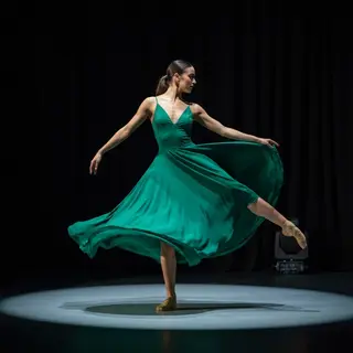 A dancer in a dynamic spin, dress flowing outward with one l