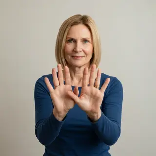 A woman holding her hands out in front of her palms-up, all 