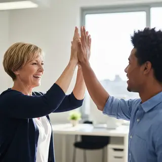 Two people doing a high-five, palms meeting with all fingers