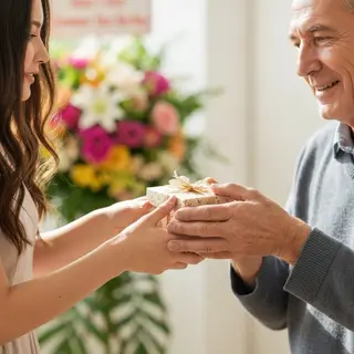One person handing a small gift box to another person, both 