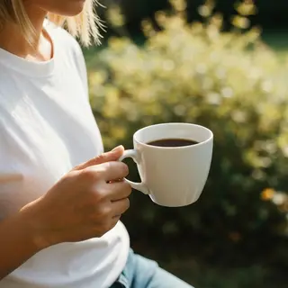 A person holding a white ceramic coffee mug by the handle wi