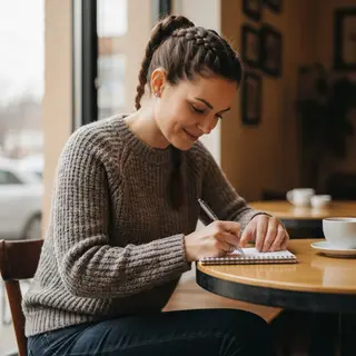 A woman writing in a notebook with a pen gripped correctly i