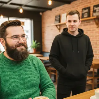 Two men at a cafe: one with a beard and glasses wearing a gr
