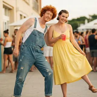 Two friends posing: one tall with curly red hair in denim ov