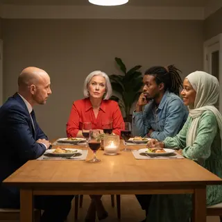 Four people at a dinner table: a bald man in a suit, a woman