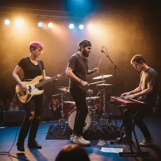 Three musicians on stage: a tall woman with short pink hair 
