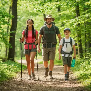 Three hikers on a trail: a man with a backpack and sunhat, a