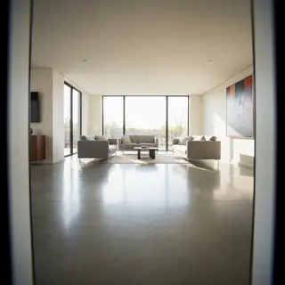 A wide-angle shot of a modern living room interior showing e