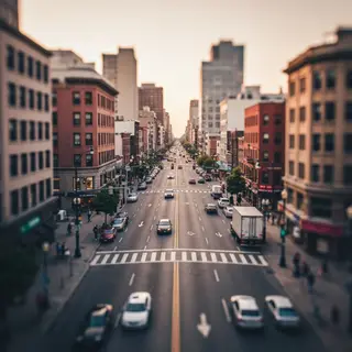 A tilt-shift photograph of a city street making real-life lo