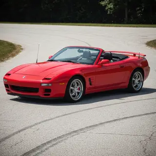 A bright red sports car parked on a gray asphalt road — the 