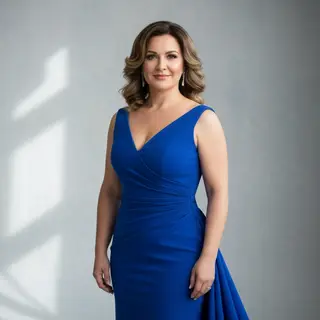 A woman wearing a royal blue evening dress against a neutral