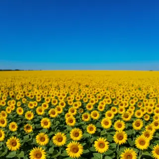 A field of pure sunflower yellow flowers under a clear blue 