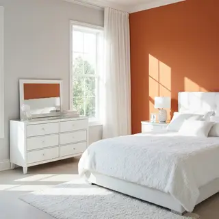 A bedroom wall painted in #FF6B35 (burnt orange) with white 