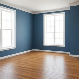 A room with walls in #4A90D9 (medium blue) with warm wooden 