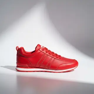 A single red sneaker on a clean white background with soft s