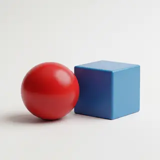 A red ball and a blue cube sitting side by side on a white s