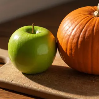 A green apple and an orange pumpkin on a wooden cutting boar