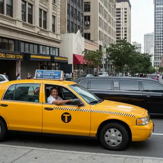 A yellow taxi and a black limousine parked next to each othe
