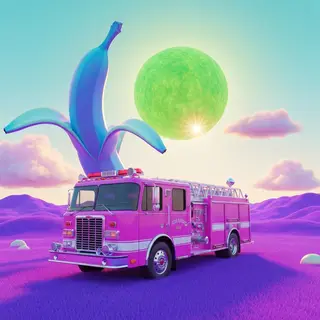 A pink fire truck, a blue banana, and a green sun in a surre