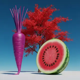 A purple carrot, a red tree with red leaves, and a white wat