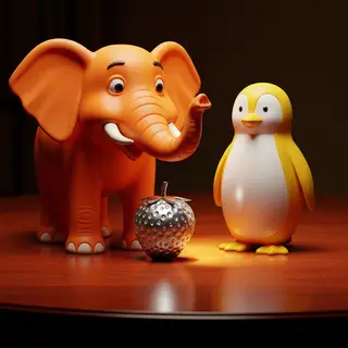 An orange elephant, a yellow penguin, and a silver strawberr
