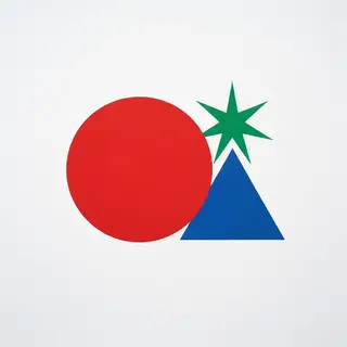 A large red circle, a small blue triangle, and a medium gree
