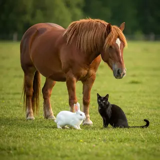 A big brown horse, a small white rabbit, and a medium-sized 