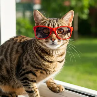 A tabby cat wearing oversized red sunglasses