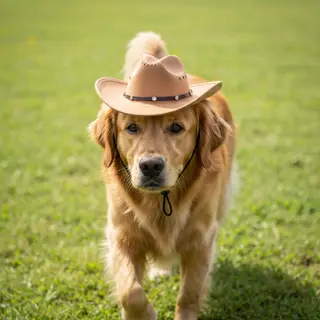 A golden retriever wearing a tiny cowboy hat