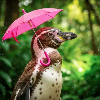 A penguin holding a colorful umbrella
