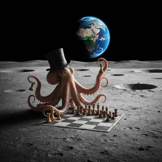 An octopus wearing a top hat and monocle playing chess on th