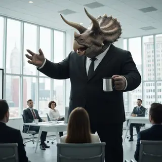 A dinosaur in a business suit giving a PowerPoint presentati