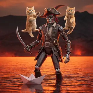 A robot dressed as a pirate sailing a paper boat on a lake o