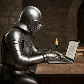 A medieval knight in full armor sitting at a desk typing on 