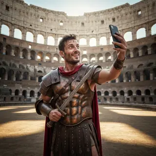 A Roman gladiator taking a selfie with a smartphone in the C