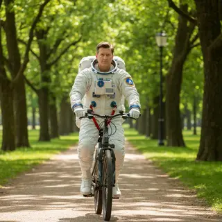 An astronaut in a spacesuit riding a bicycle through a park