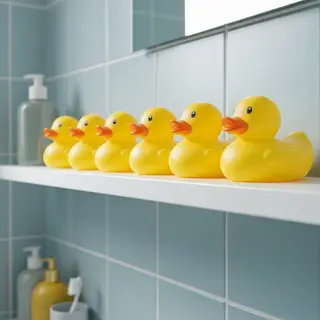 Exactly 5 yellow rubber ducks sitting in a row on a bathroom