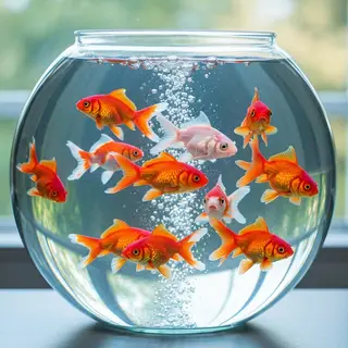 Exactly 9 goldfish swimming in a large round fishbowl