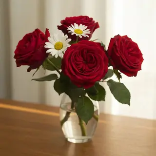 4 red roses and 2 white daisies in a glass vase on a table