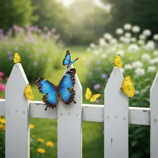 1 blue butterfly and 3 yellow butterflies resting on a garde