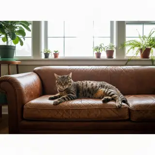 A cat lying on a couch without a collar