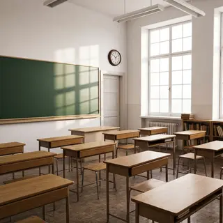A classroom with desks and a chalkboard but no students