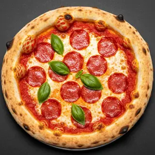 A pepperoni pizza with tomato sauce, basil, and crust but ab
