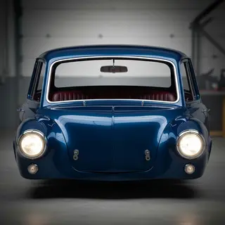 A car body with windows, doors, and headlights but no wheels