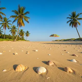 A sandy beach with palm trees, seashells, and a beach umbrel