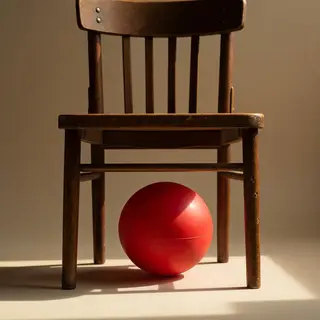 A red ball underneath a wooden chair