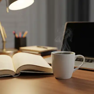 A coffee mug next to an open book on a desk